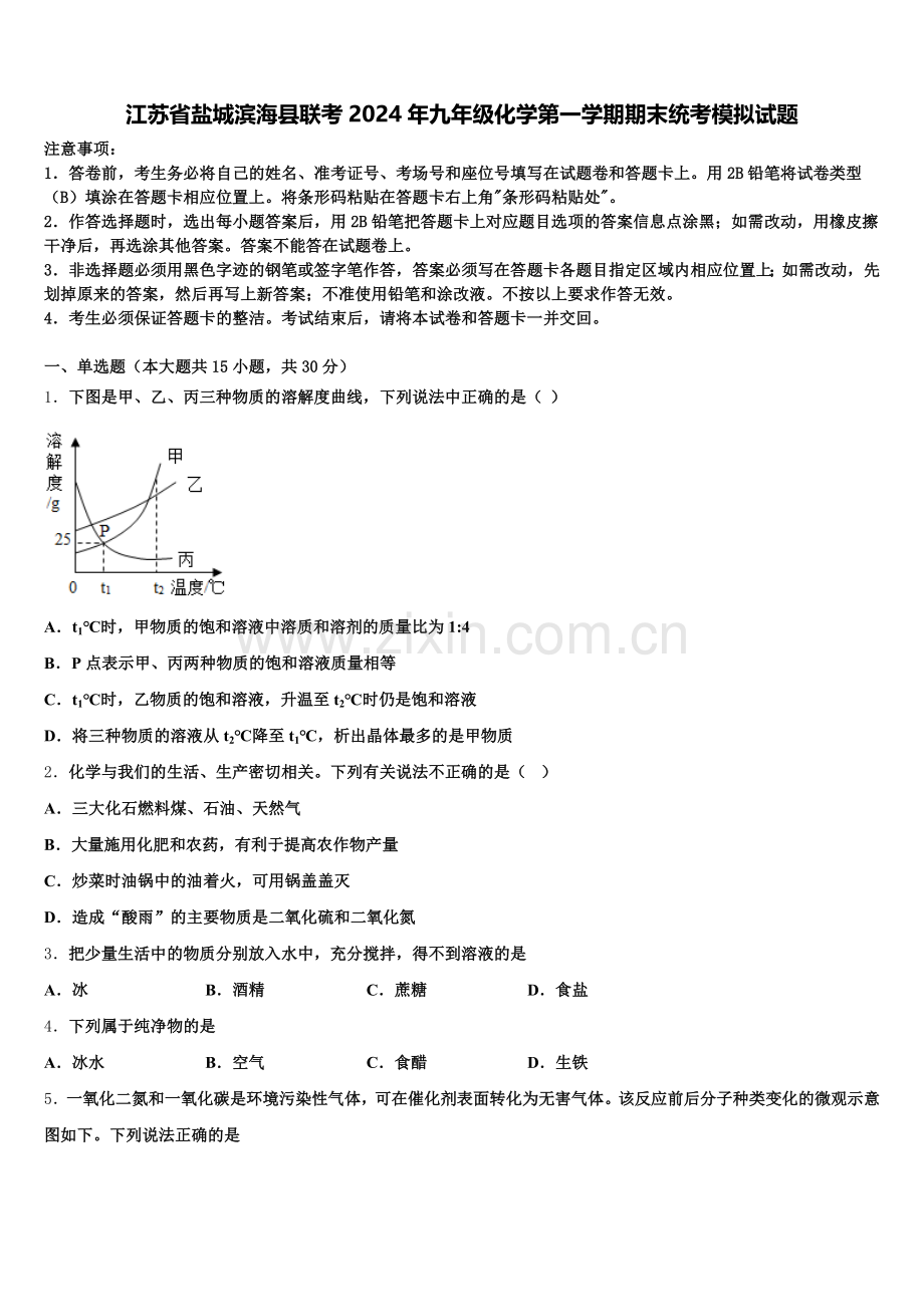 江苏省盐城滨海县联考2024年九年级化学第一学期期末统考模拟试题含解析.doc_第1页
