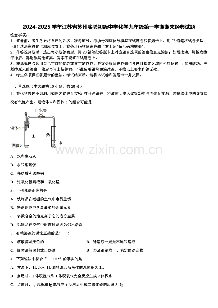 2024-2025学年江苏省苏州实验初级中学化学九年级第一学期期末经典试题含解析.doc_第1页