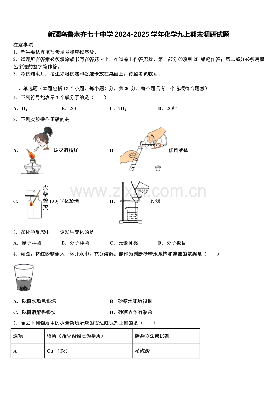新疆乌鲁木齐七十中学2024-2025学年化学九上期末调研试题含解析.doc_第1页