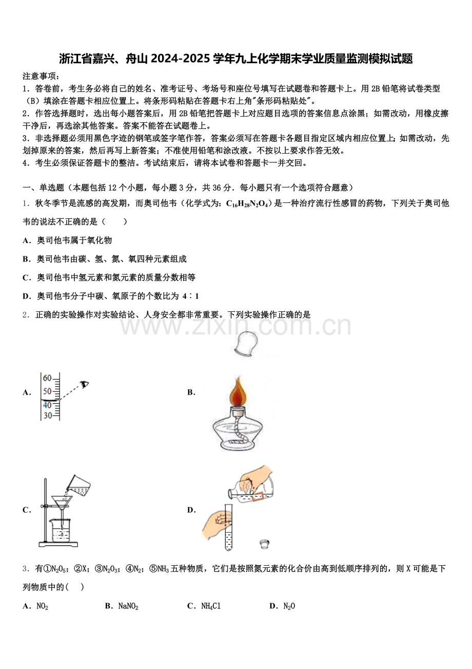 浙江省嘉兴、舟山2024-2025学年九上化学期末学业质量监测模拟试题含解析.doc_第1页