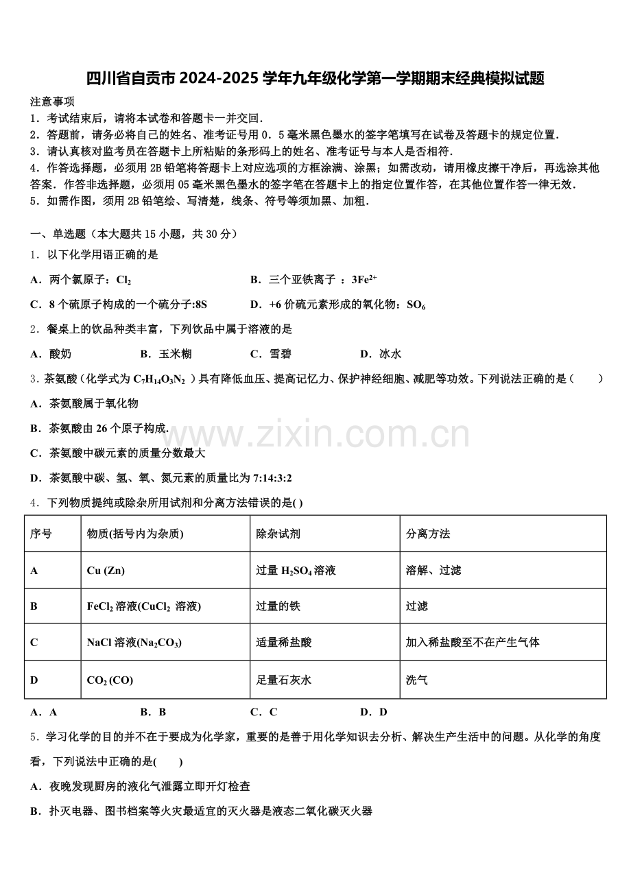 四川省自贡市2024-2025学年九年级化学第一学期期末经典模拟试题含解析.doc_第1页