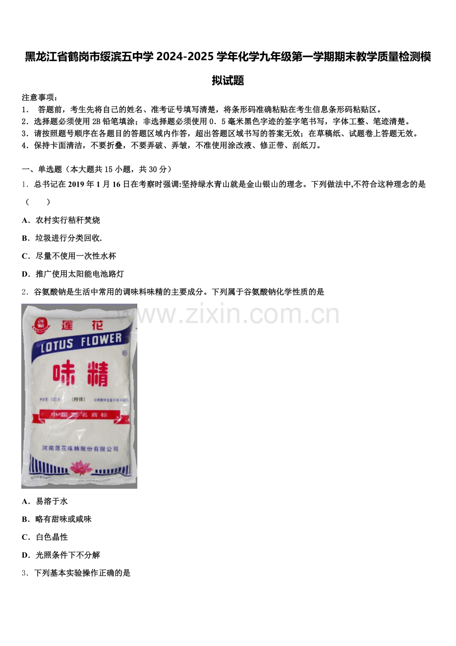 黑龙江省鹤岗市绥滨五中学2024-2025学年化学九年级第一学期期末教学质量检测模拟试题含解析.doc_第1页