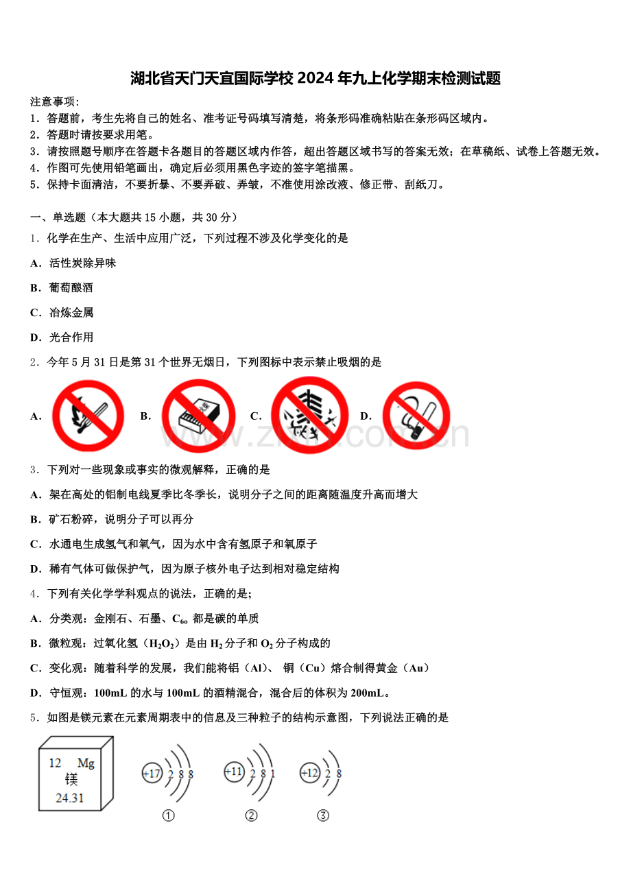 湖北省天门天宜国际学校2024年九上化学期末检测试题含解析.doc_第1页