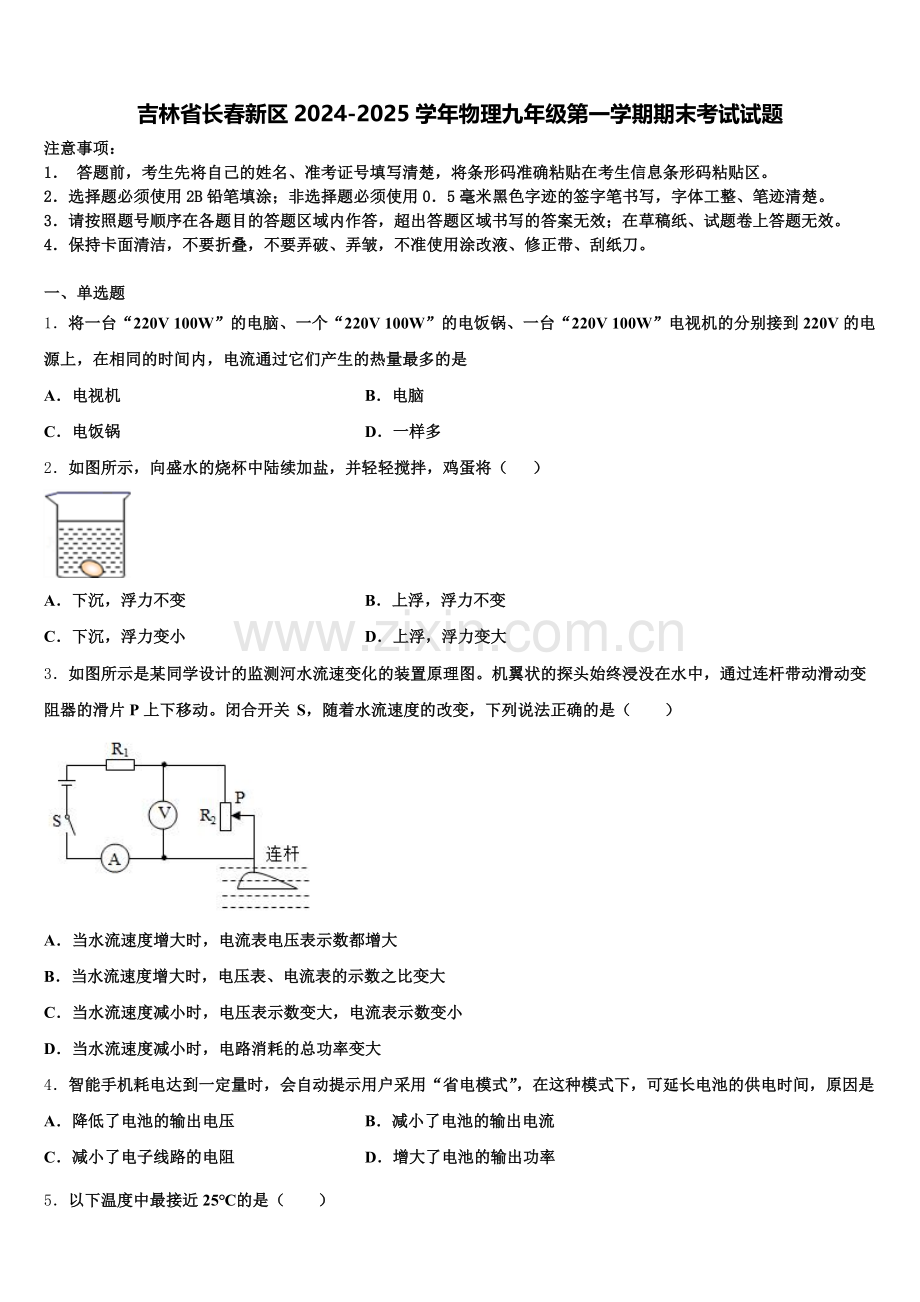 吉林省长春新区2024-2025学年物理九年级第一学期期末考试试题含解析.doc_第1页