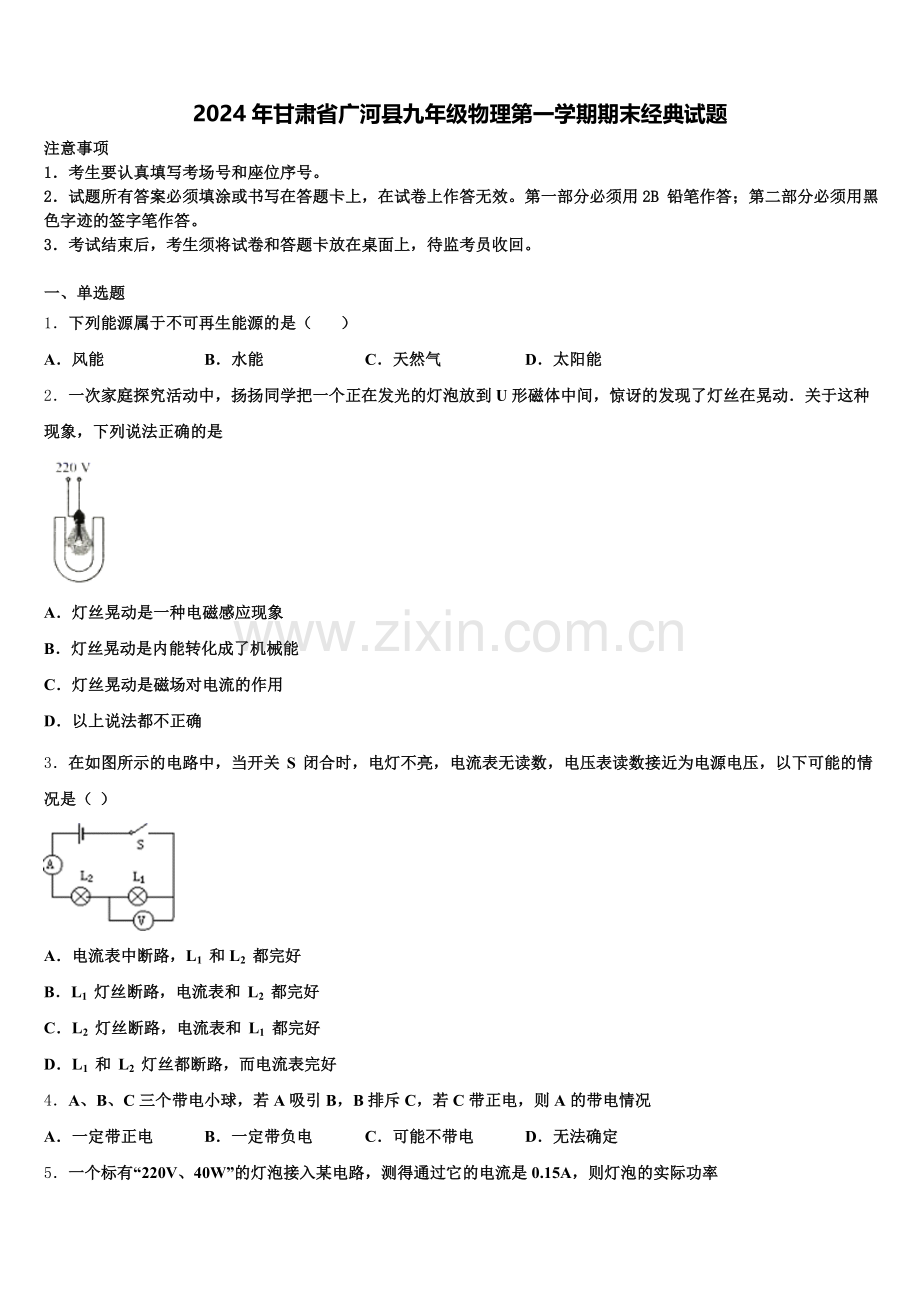 2024年甘肃省广河县九年级物理第一学期期末经典试题含解析.doc_第1页
