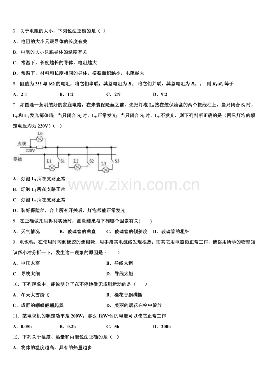 2025届山东省东营市实验中学物理九年级第一学期期末调研试题含解析.doc_第2页