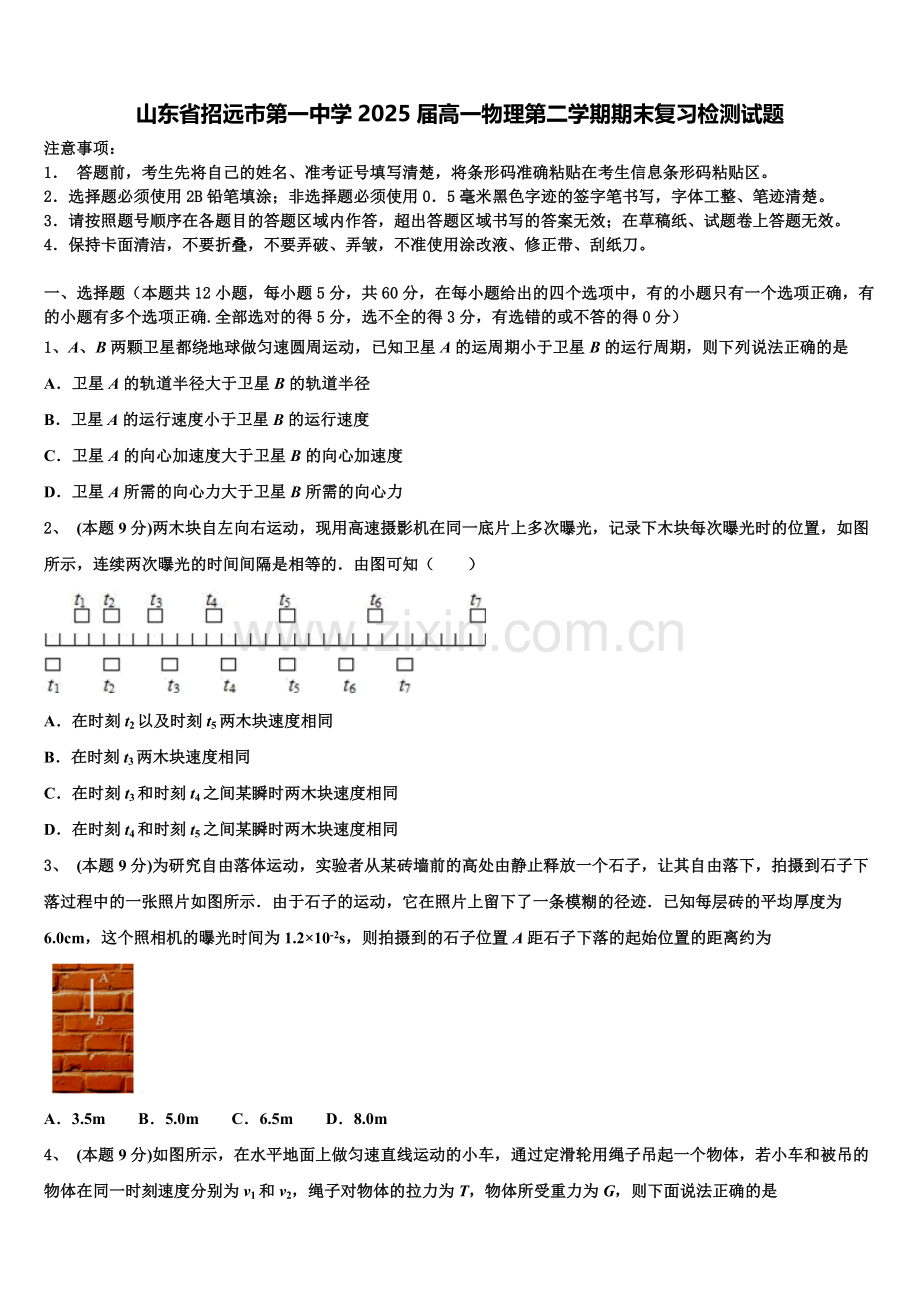 山东省招远市第一中学2025届高一物理第二学期期末复习检测试题含解析.doc_第1页