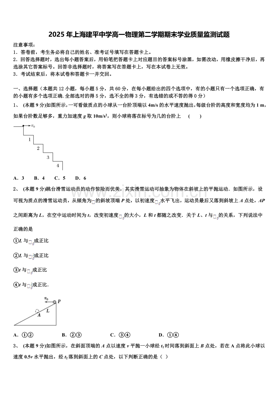 2025年上海建平中学高一物理第二学期期末学业质量监测试题含解析.doc_第1页