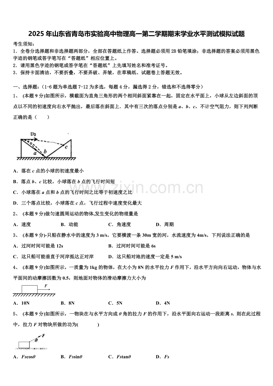 2025年山东省青岛市实验高中物理高一第二学期期末学业水平测试模拟试题含解析.doc_第1页