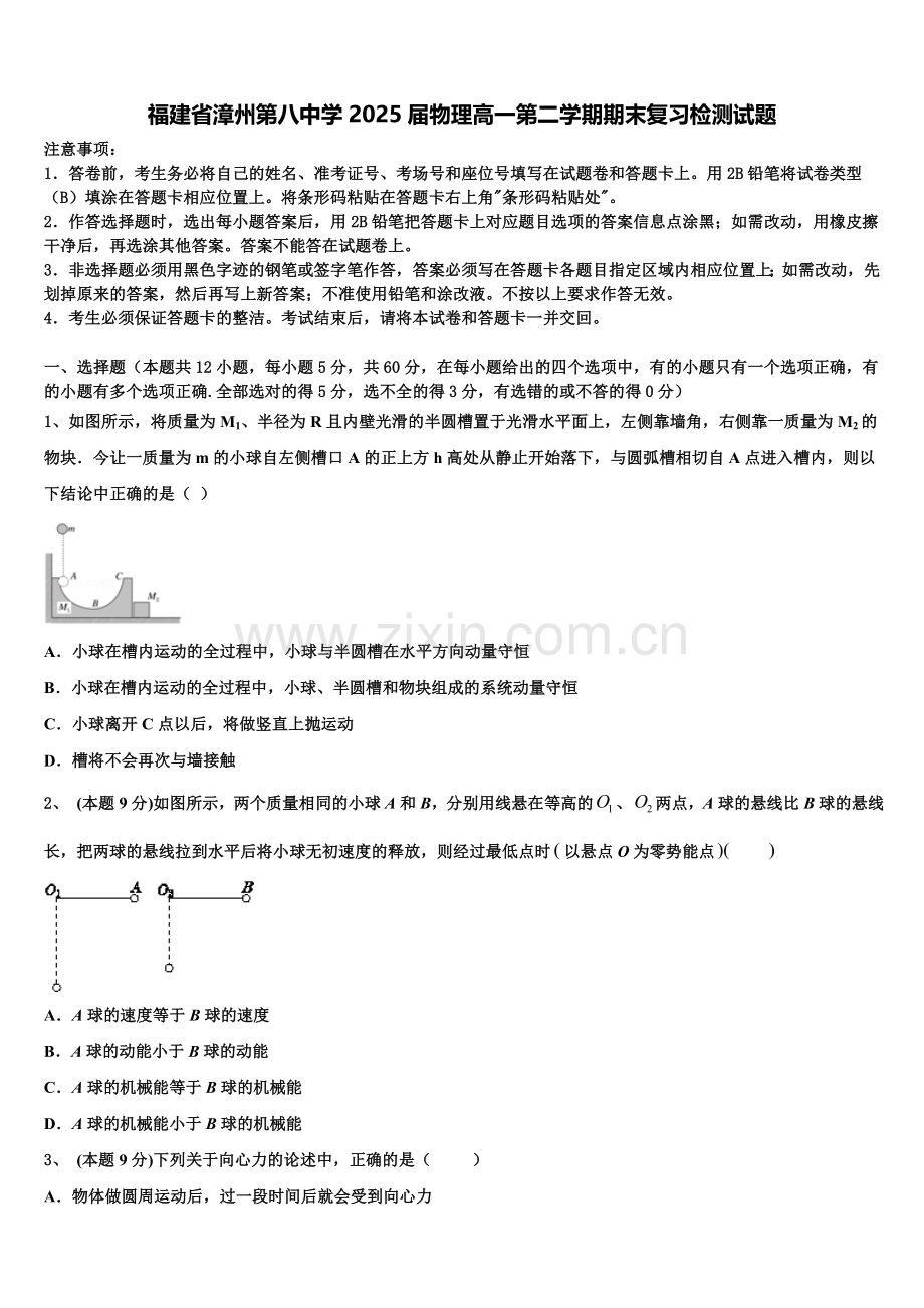 福建省漳州第八中学2025届物理高一第二学期期末复习检测试题含解析.doc_第1页