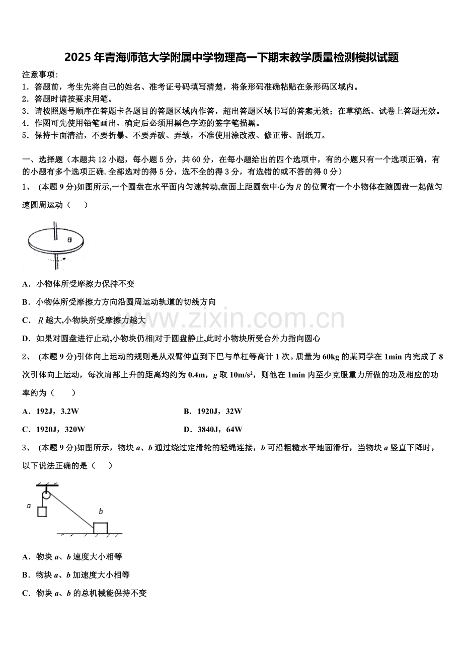 2025年青海师范大学附属中学物理高一下期末教学质量检测模拟试题含解析.doc_第1页
