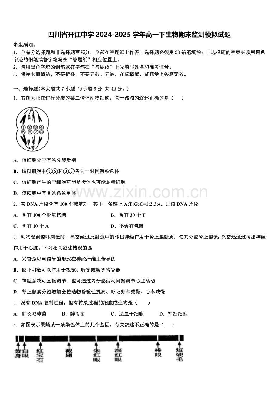 四川省开江中学2024-2025学年高一下生物期末监测模拟试题含解析.doc_第1页