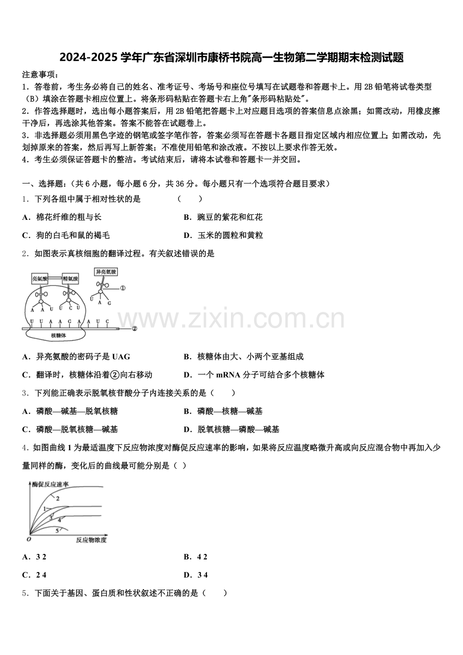 2024-2025学年广东省深圳市康桥书院高一生物第二学期期末检测试题含解析.doc_第1页