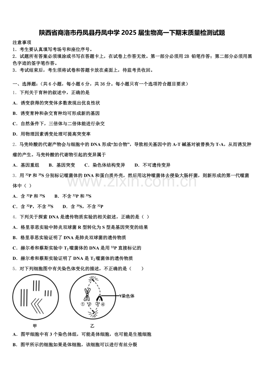 陕西省商洛市丹凤县丹凤中学2025届生物高一下期末质量检测试题含解析.doc_第1页