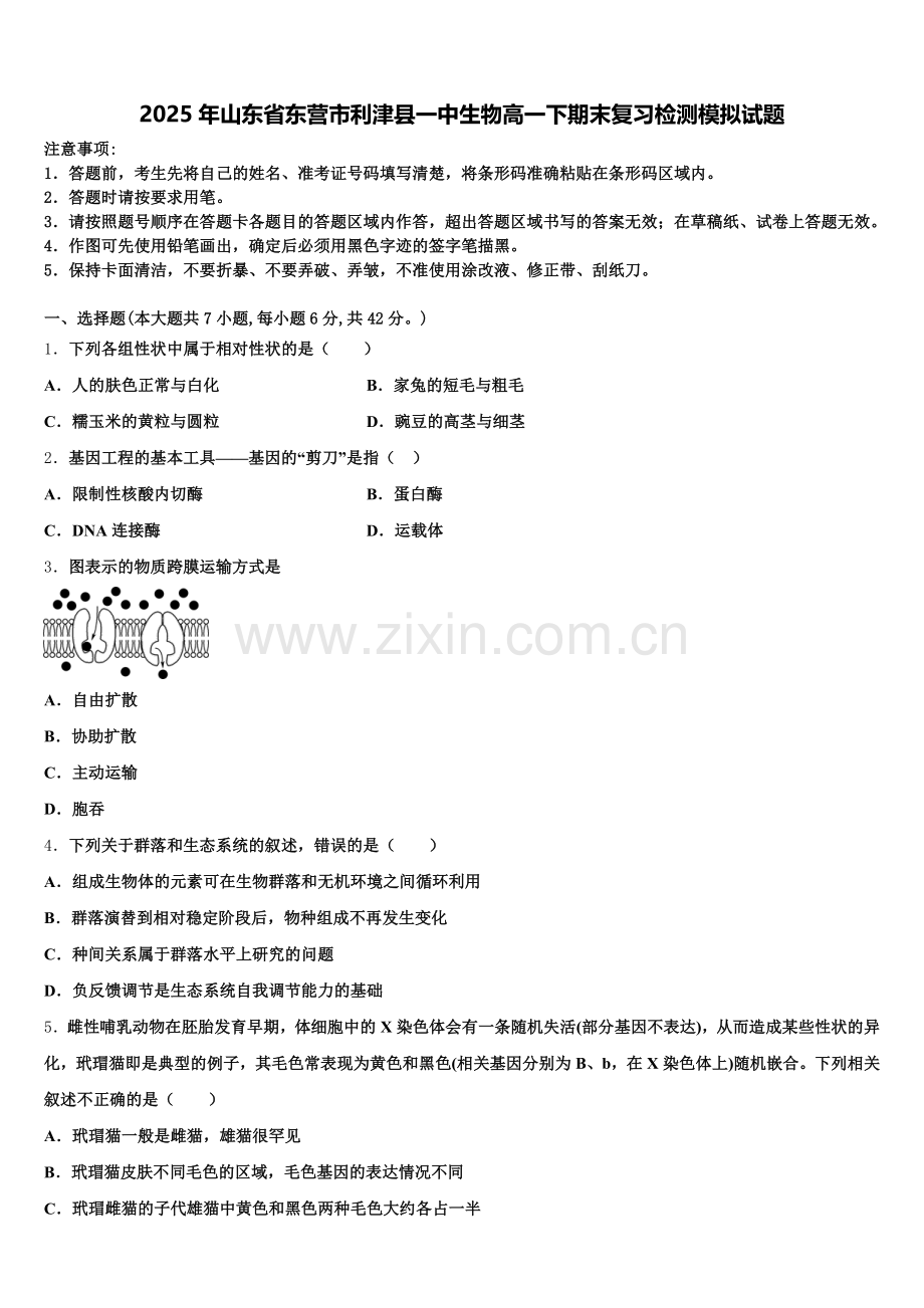2025年山东省东营市利津县一中生物高一下期末复习检测模拟试题含解析.doc_第1页