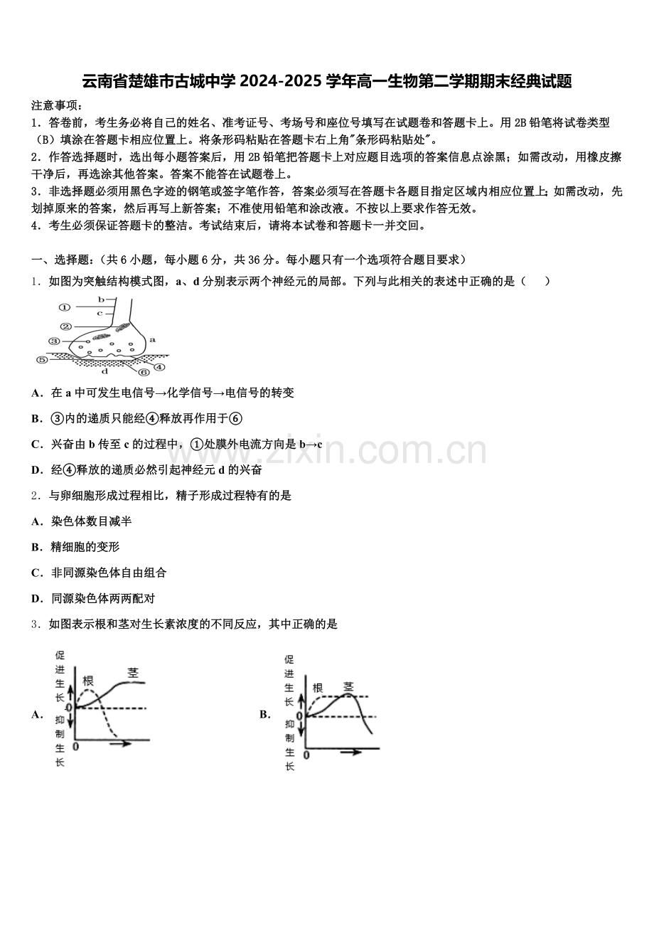 云南省楚雄市古城中学2024-2025学年高一生物第二学期期末经典试题含解析.doc_第1页
