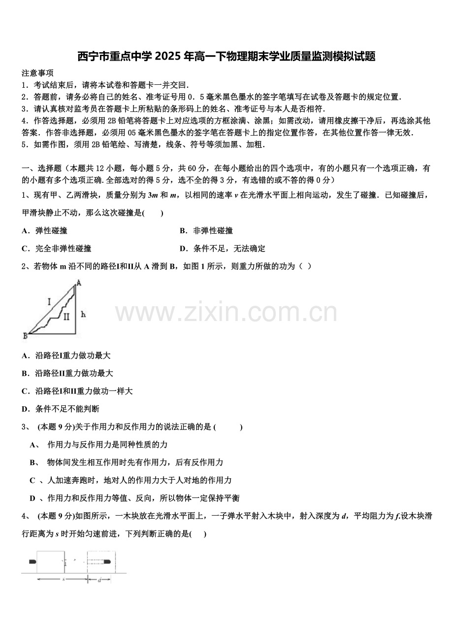 西宁市重点中学2025年高一下物理期末学业质量监测模拟试题含解析.doc_第1页