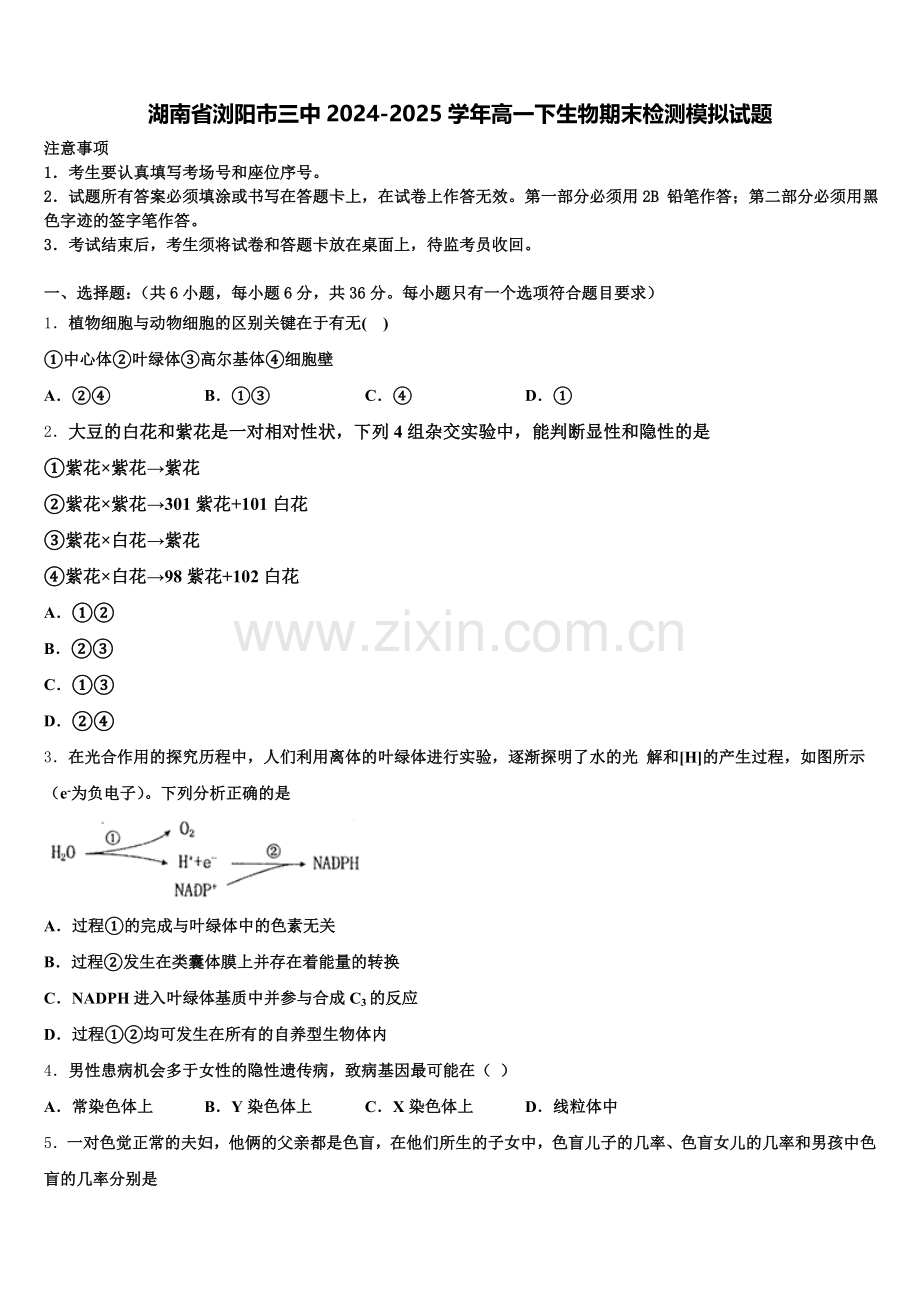 湖南省浏阳市三中2024-2025学年高一下生物期末检测模拟试题含解析.doc_第1页