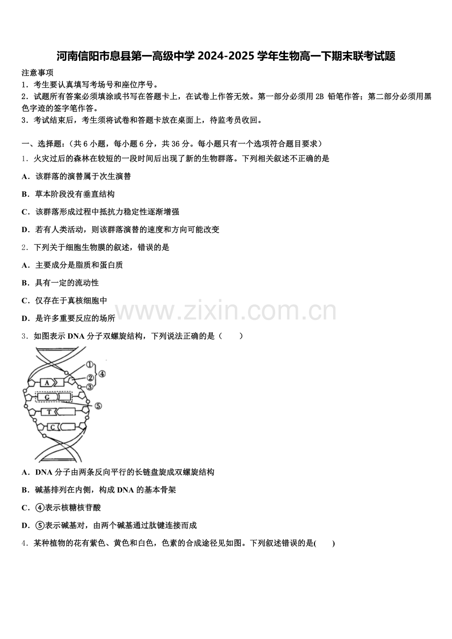 河南信阳市息县第一高级中学2024-2025学年生物高一下期末联考试题含解析.doc_第1页