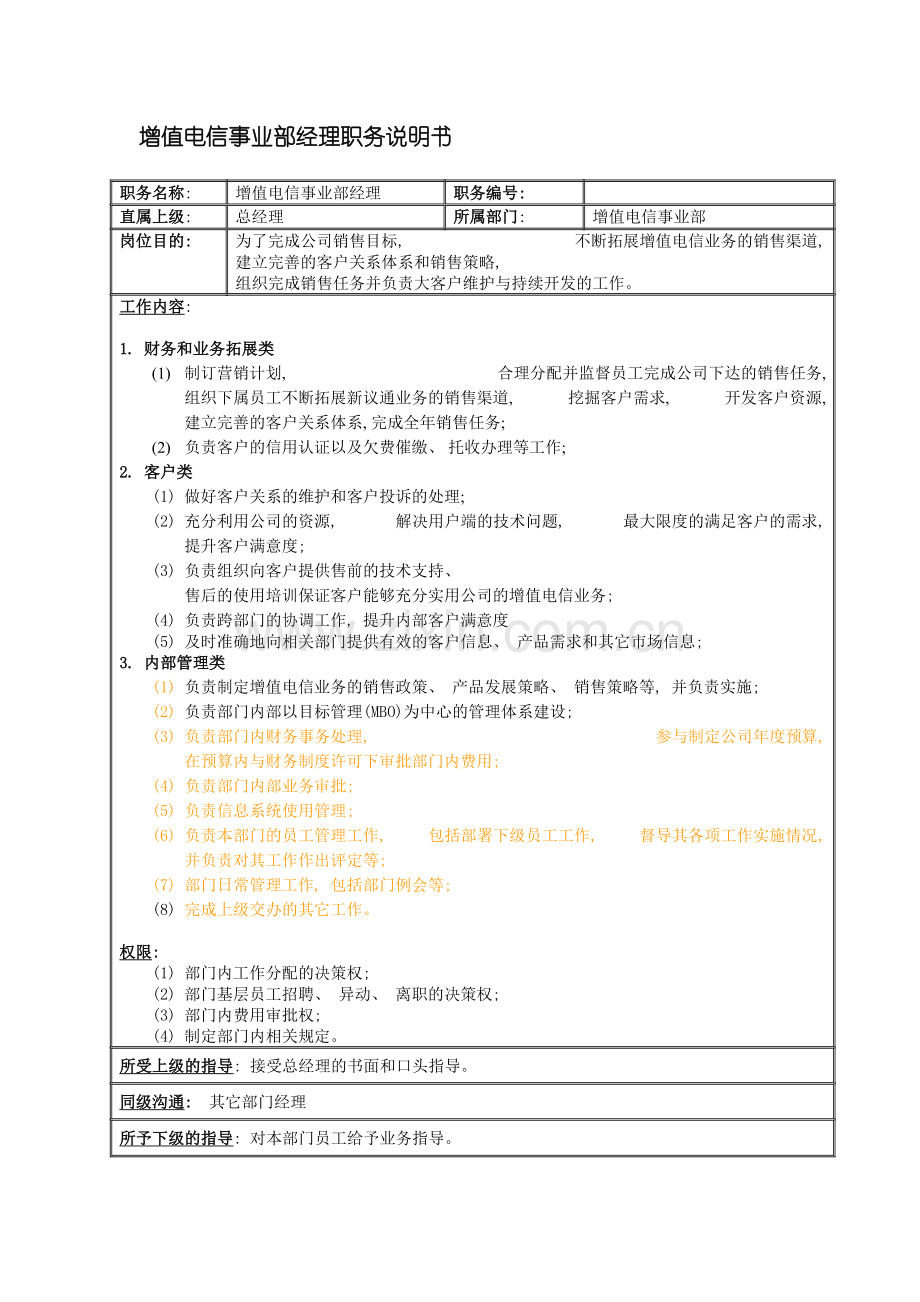 国安创想公司增值电信事业部经理职务说明书.doc_第2页