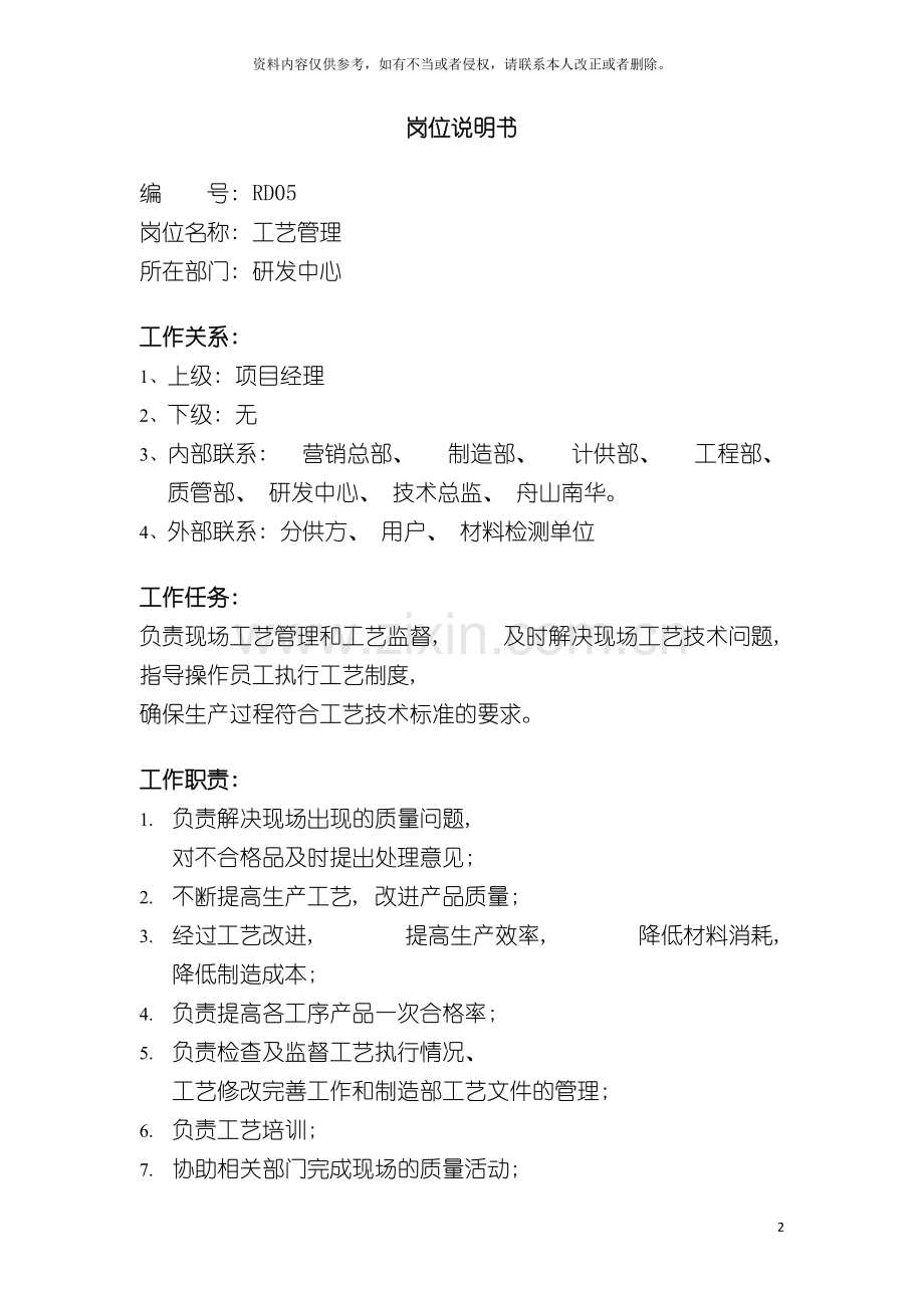 工艺管理岗位说明书模板.doc_第2页