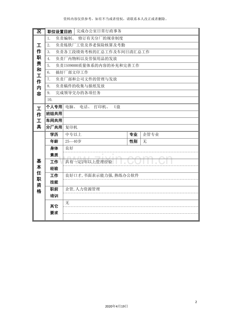办公室事务员岗位说明书.doc_第2页