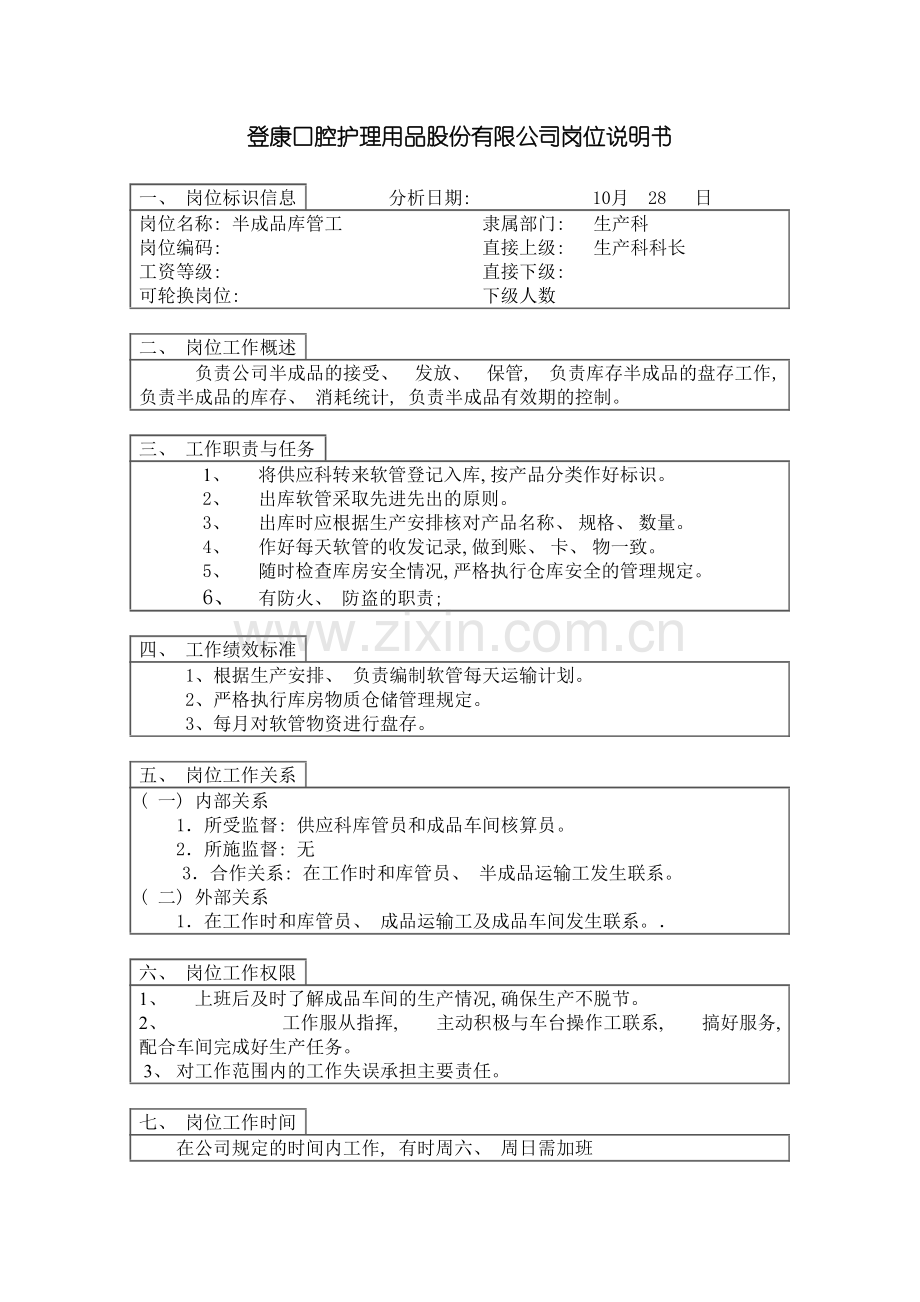 登康口腔护理用品股份有限公司半成品库管工岗位说明书模板.doc_第2页