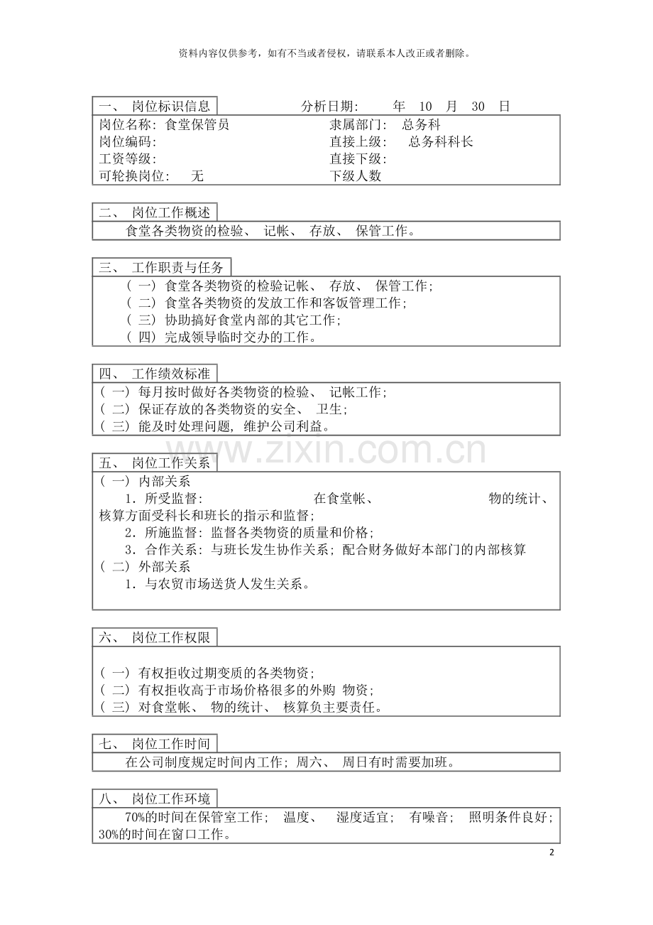 登康口腔护理用品股份有限公司食堂保管员岗位说明书模板.doc_第2页