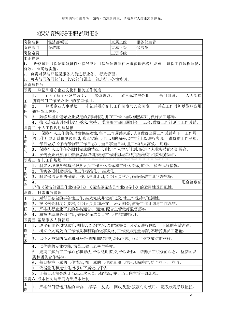 连锁餐饮企业保洁部领班职务说明书模板.doc_第2页