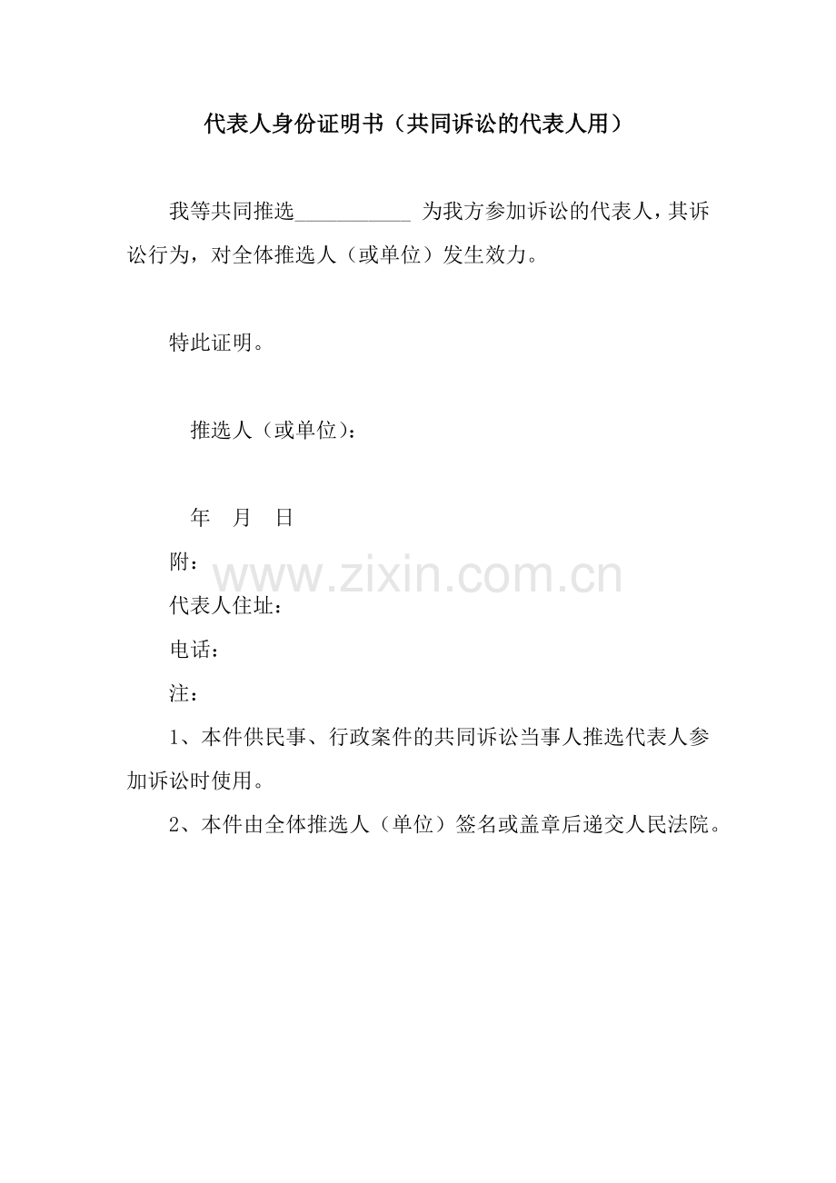 代表人身份证明书(共同诉讼的代表人用).docx_第1页