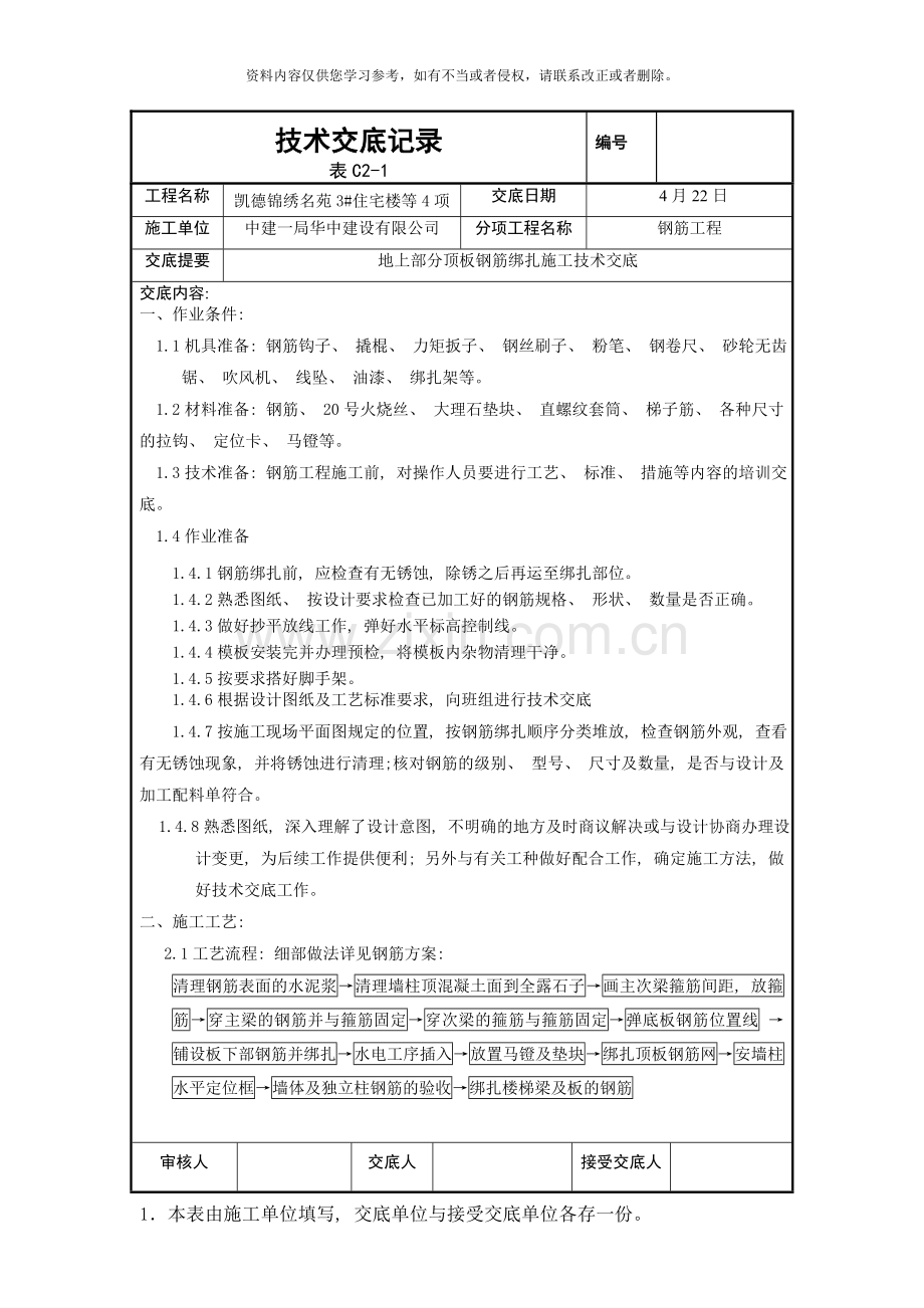楼地上部分顶板钢筋绑扎技术交底样本.doc_第1页
