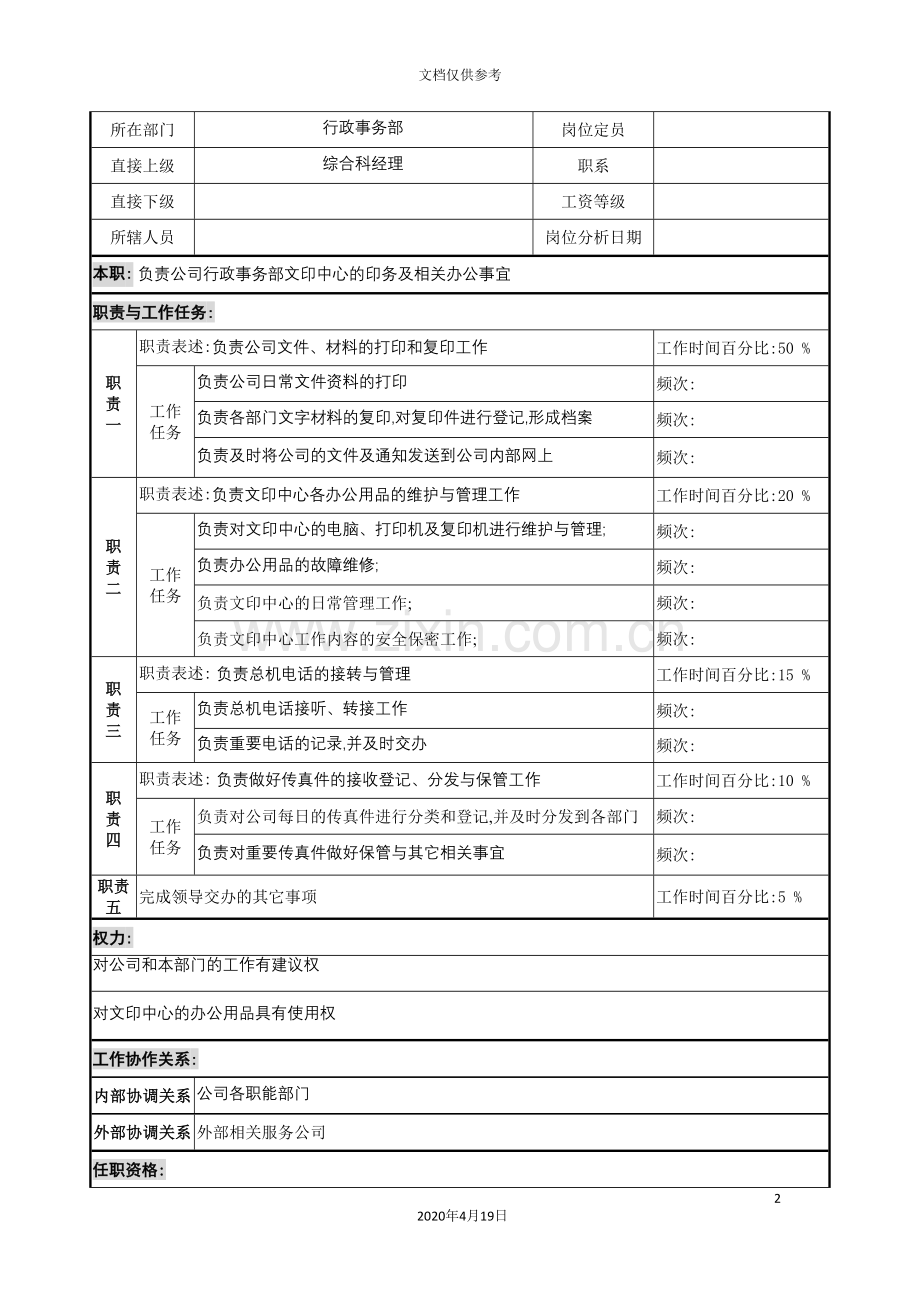 行政事务部文员的岗位说明书.doc_第2页