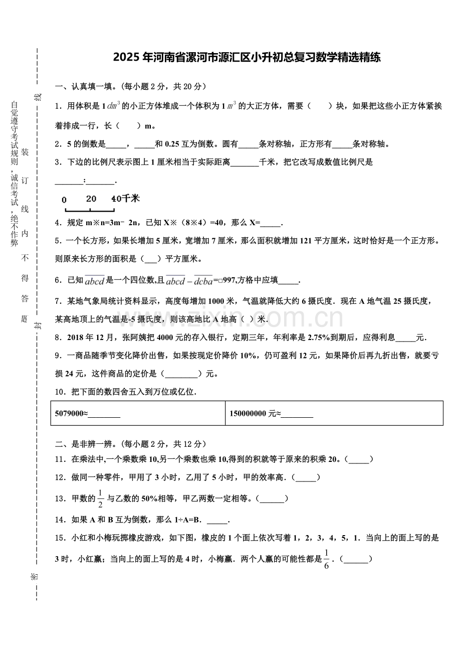 2025年河南省漯河市源汇区小升初总复习数学精练含解析.doc_第1页