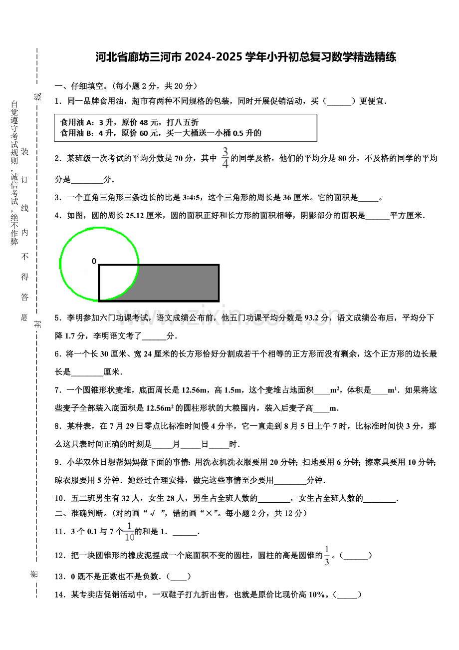 河北省廊坊三河市2024-2025学年小升初总复习数学精练含解析.doc_第1页