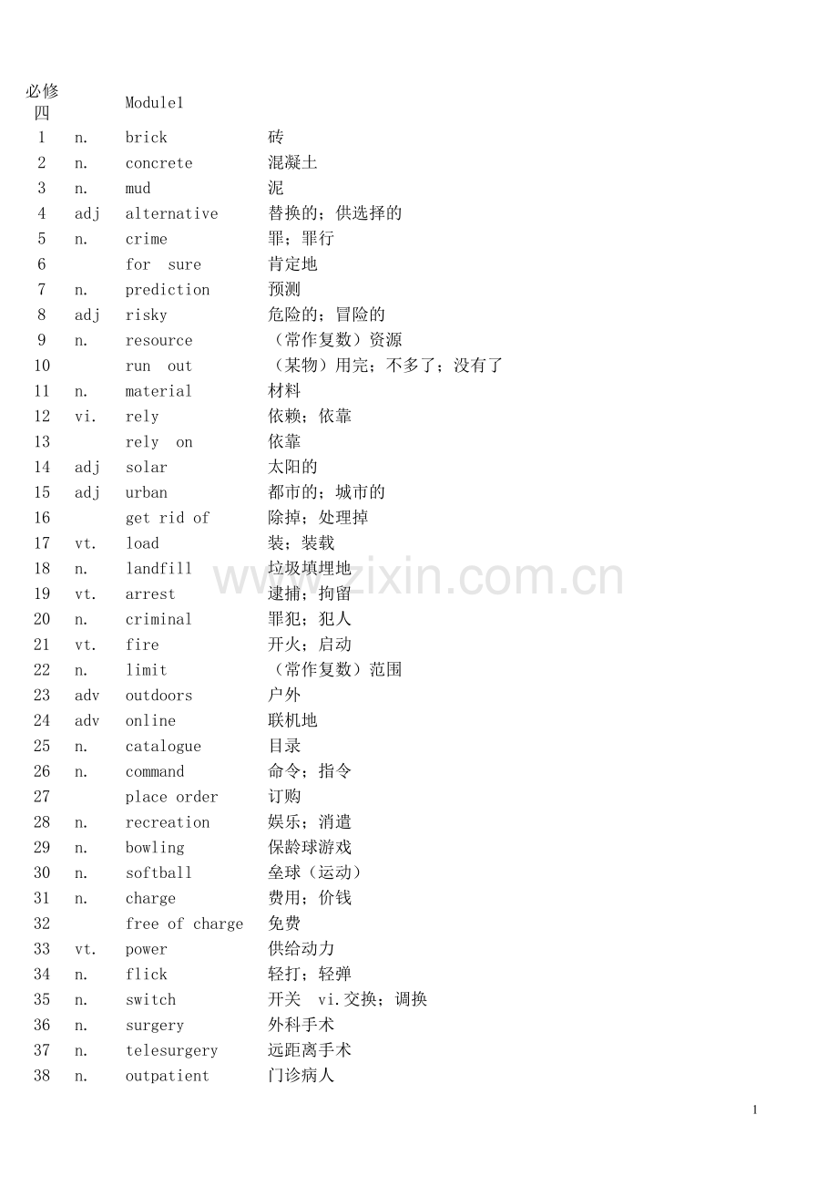 高中英语外研版必修四单词--中英文.doc_第1页