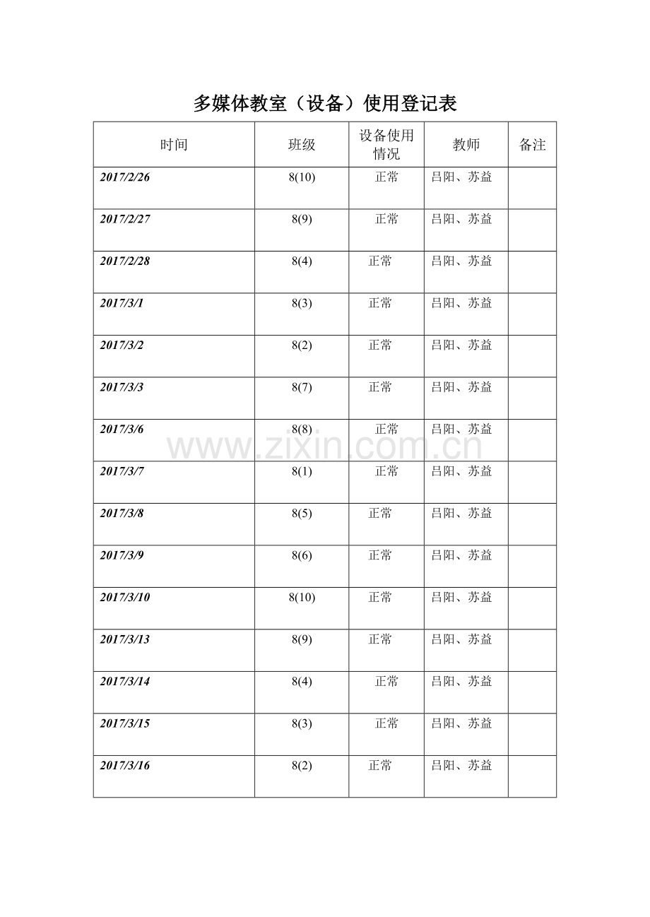 多媒体教室(设备)使用登记表.doc_第1页