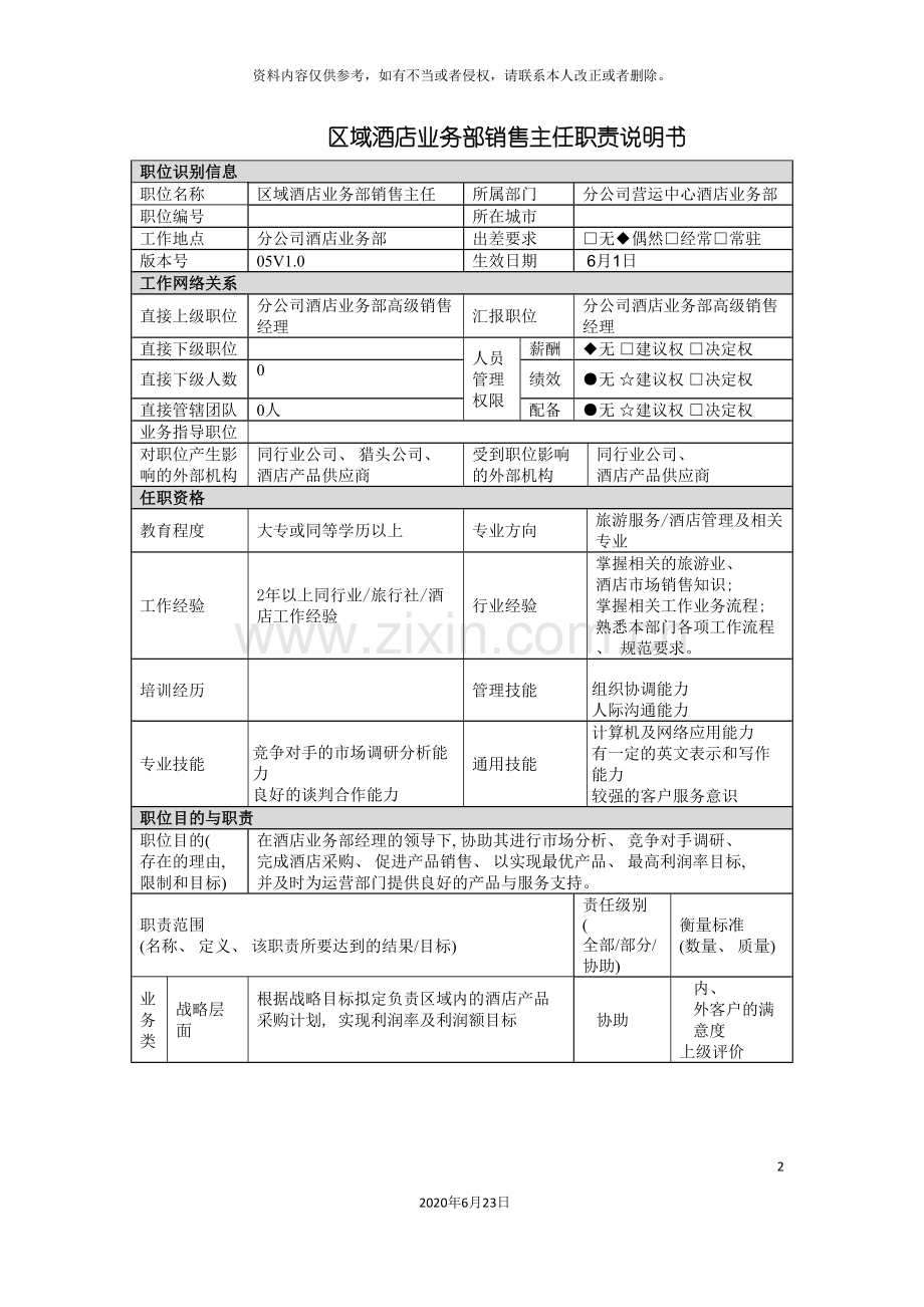 分公司酒店销售主任职责说明书.doc_第2页