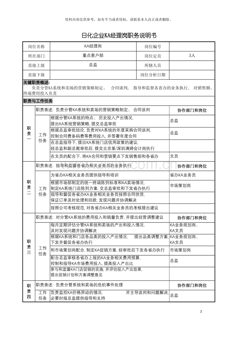 日化企业ka经理岗职务说明书模板.doc_第2页