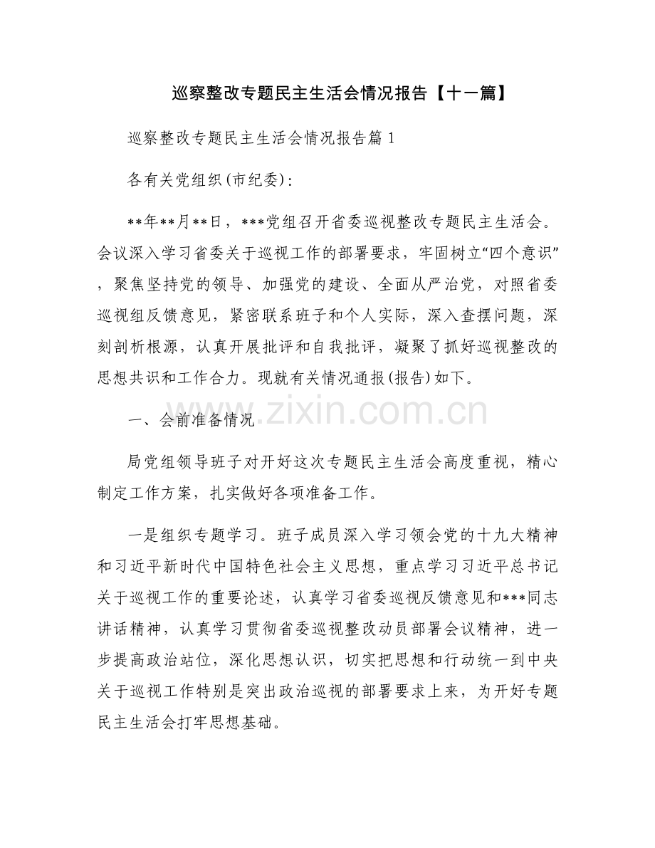 巡察整改专题民主生活会情况报告【十一篇】.docx_第1页