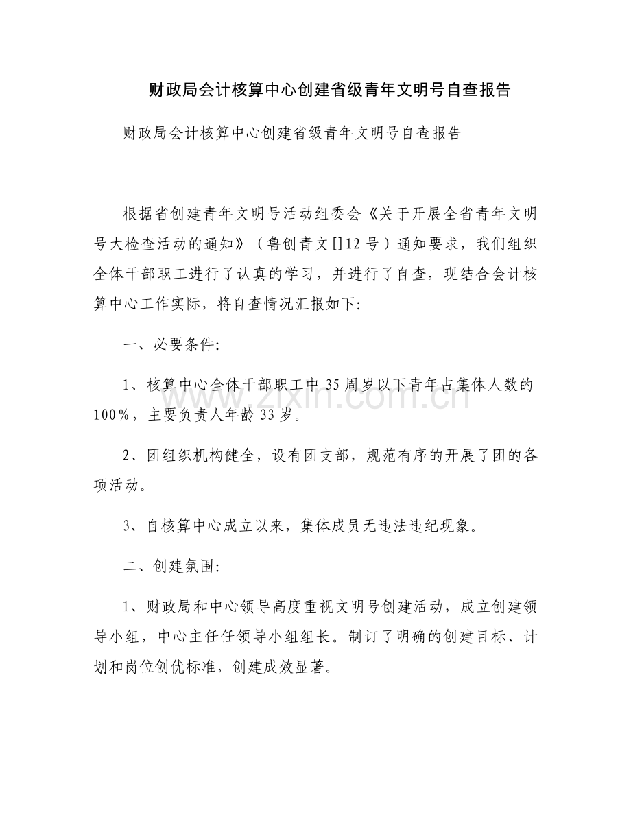 财政局会计核算中心创建省级青年文明号自查报告.docx_第1页