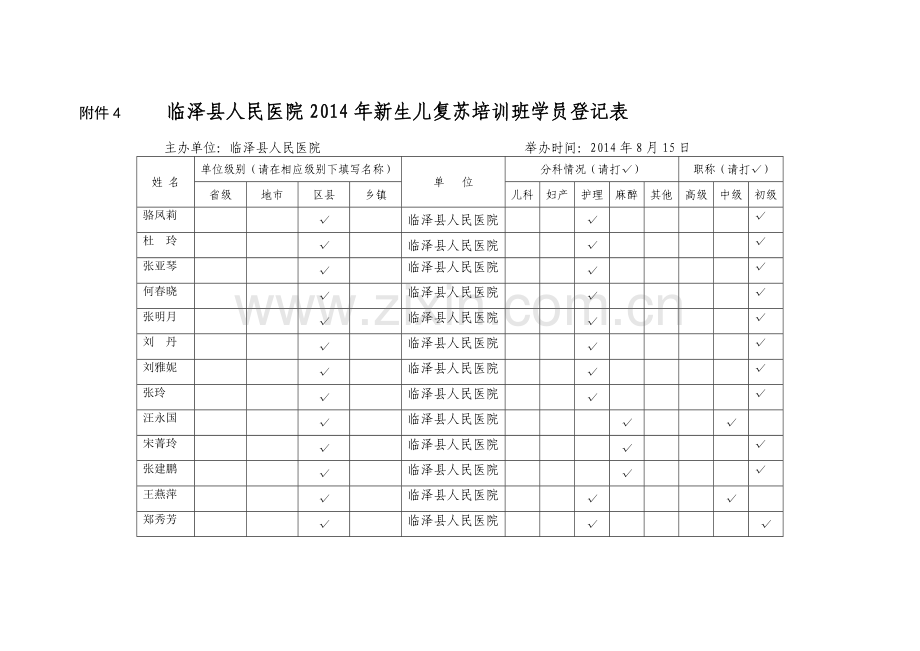 新生儿复苏项目培训登记表、汇总表.doc_第2页