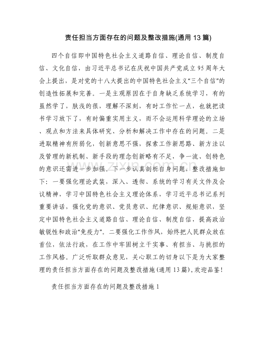 责任担当方面存在的问题及整改措施(通用13篇).docx_第1页