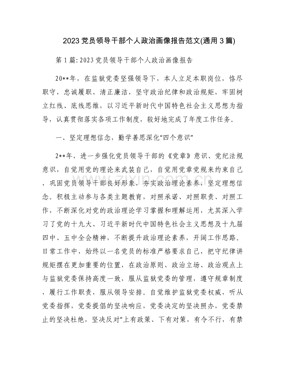 2023党员领导干部个人政治画像报告范文(通用3篇).docx_第1页