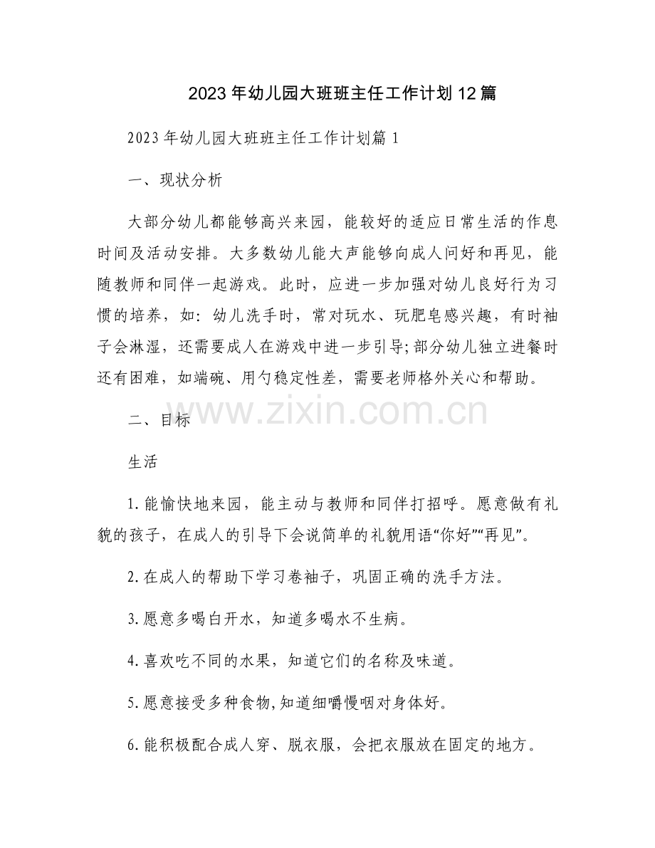 2023年幼儿园大班班主任工作计划12篇.docx_第1页