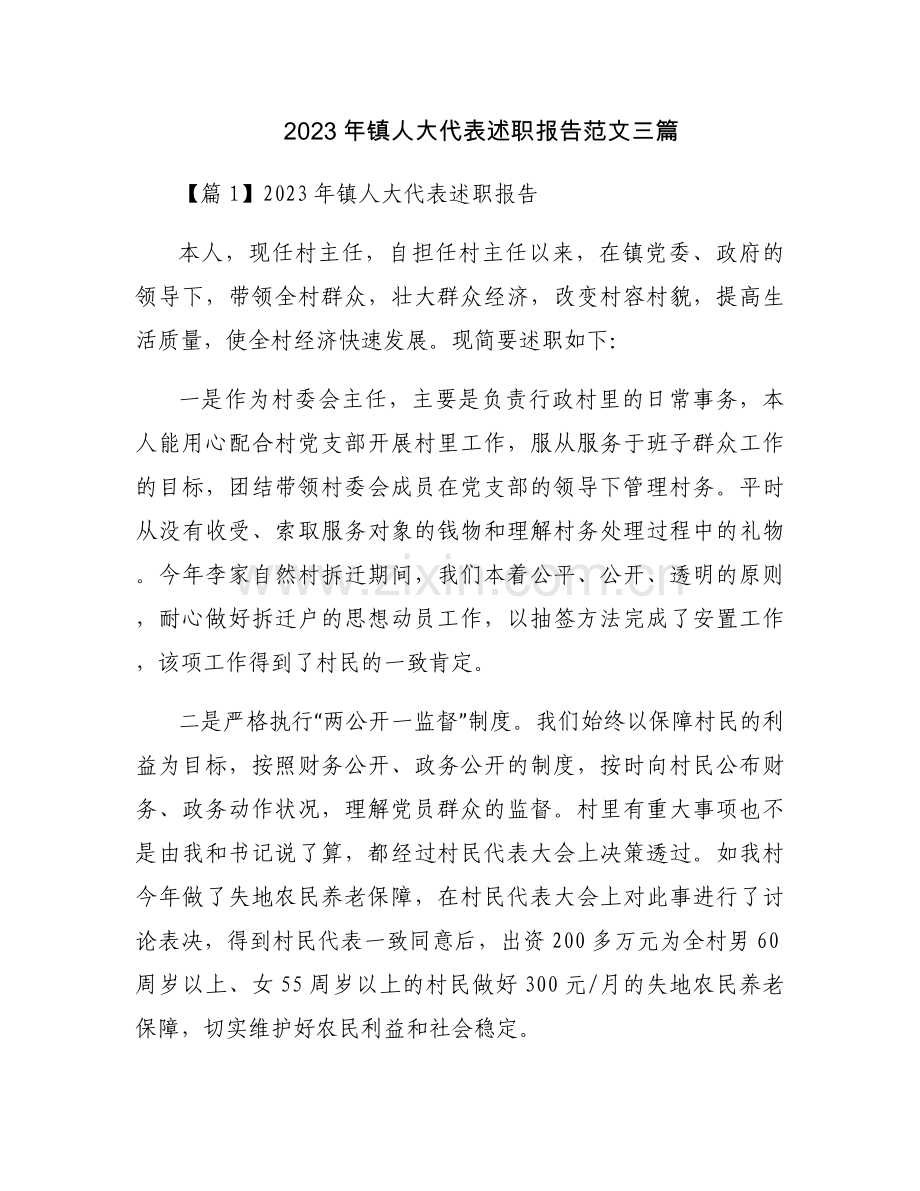 2023年镇人大代表述职报告范文三篇.docx_第1页