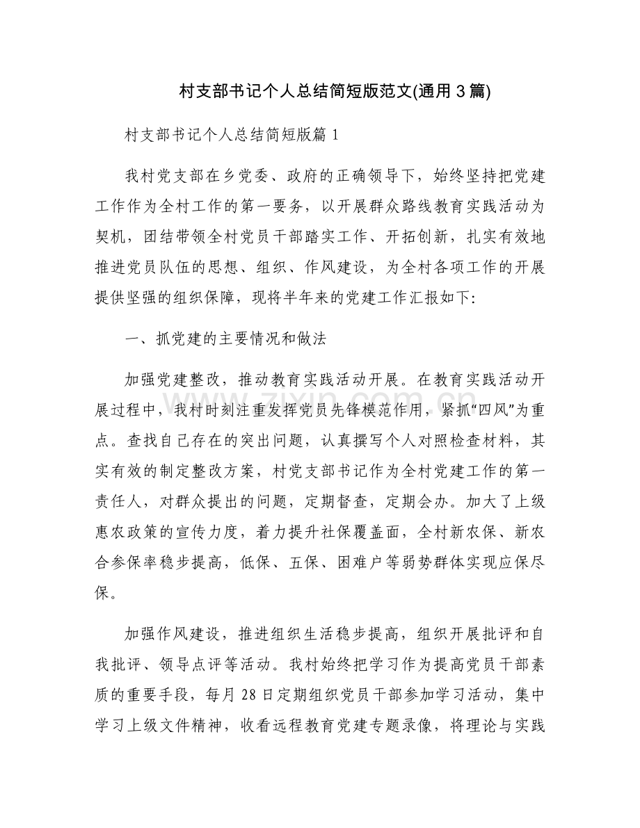 村支部书记个人总结简短版范文(通用3篇).docx_第1页