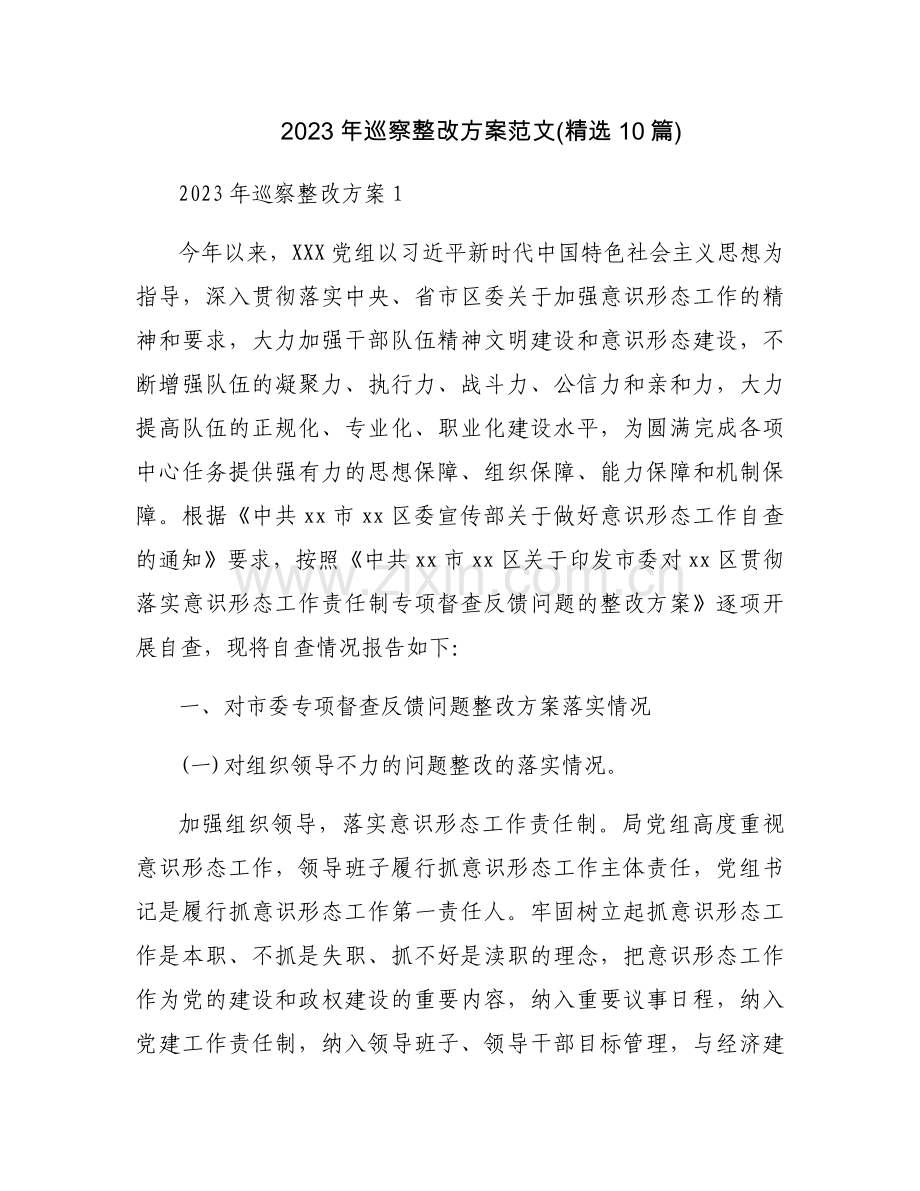 2023年巡察整改方案范文(10篇).docx_第1页