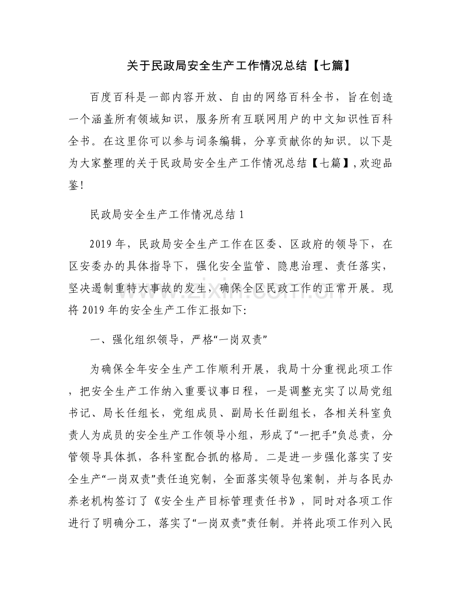 关于民政局安全生产工作情况总结【七篇】.docx_第1页