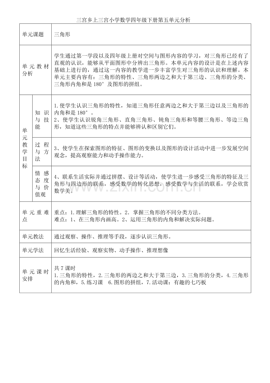 四年级数学下册第五单元单元分析及教案.docx_第1页