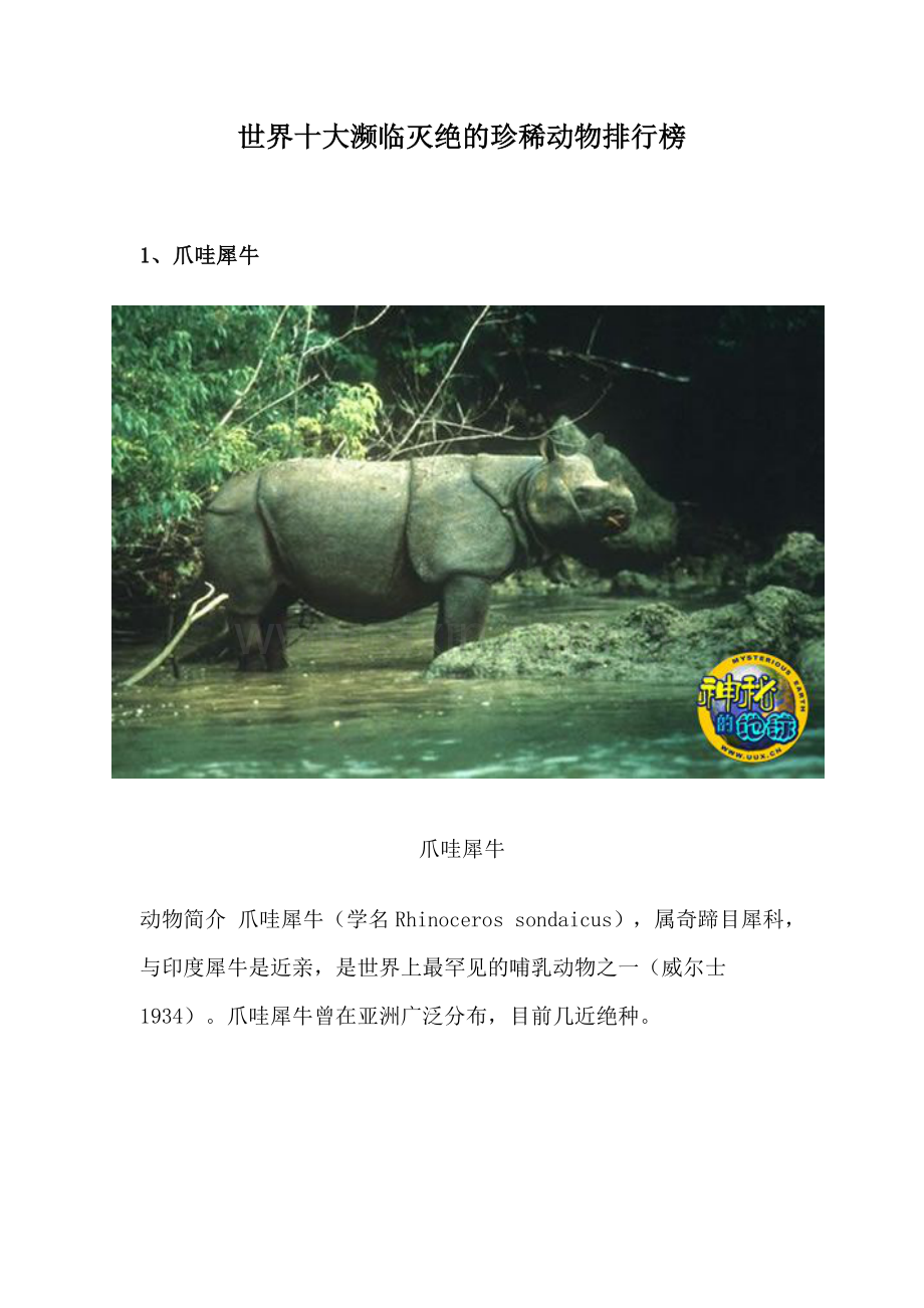 世界十大濒临灭绝的珍稀动物排行榜.doc_第1页